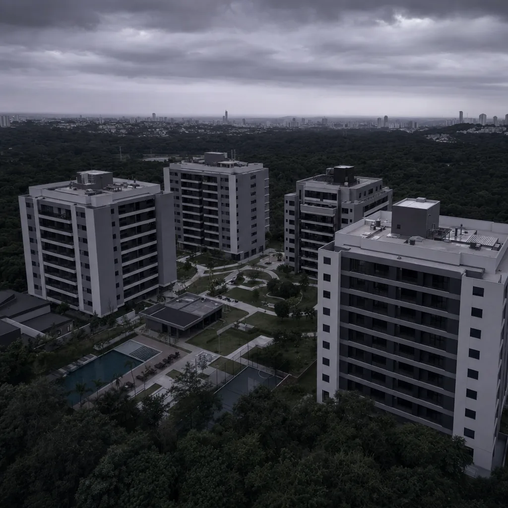 Vista aérea de conjunto condominial residencial em entardecer nublado, perspectiva técnica de avaliação.