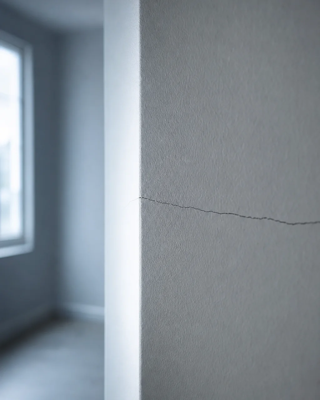 Fissura fina de retração atravessando a quina de uma parede recém-pintada em imóvel novo, revelada por luz rasante.